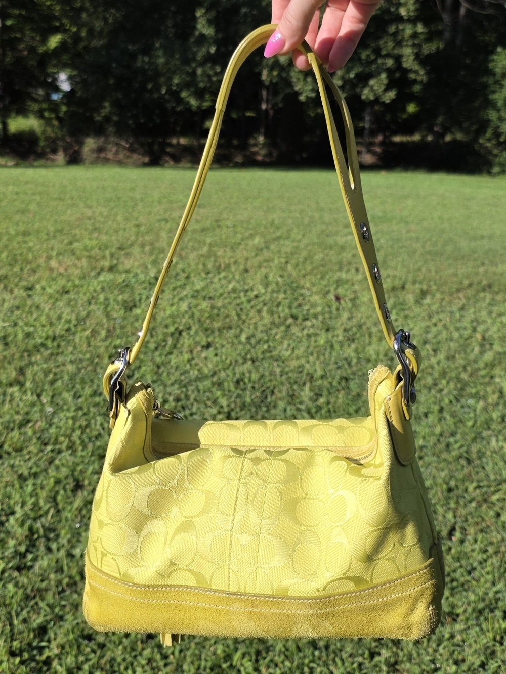 Coach Signature Jacquard Shoulder Bag in Chartreuse with Tassel - Picture 13 of 13